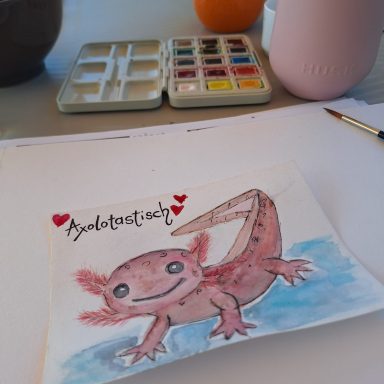 Aquarellmalerei Ein farbenfrohes Aquarell eines Axolotls mit Herzen und dem Schriftzug "Axolotisch".