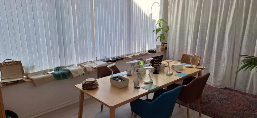 Aufbau Workshopraum Blick auf einen Tisch in einem hellen Raum, dekoriert mit Pflanzen und Geschirr.
